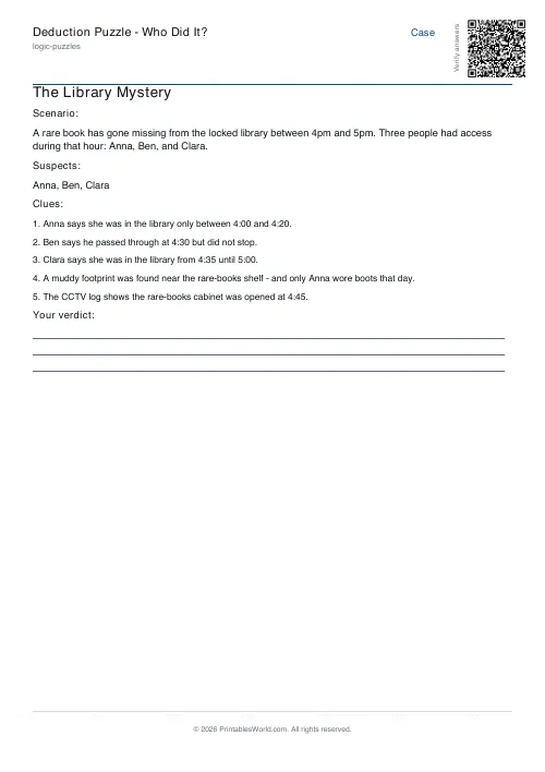 Free printable deduction puzzle — with answer key — PDF download