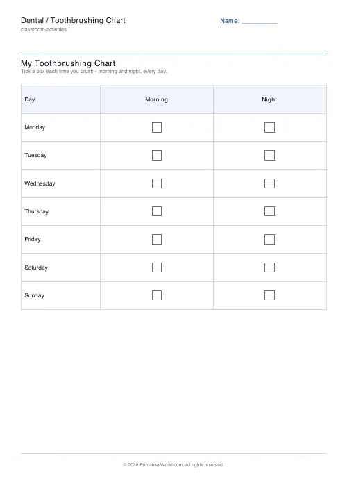 Free printable toothbrushing chart — 1 week — PDF download