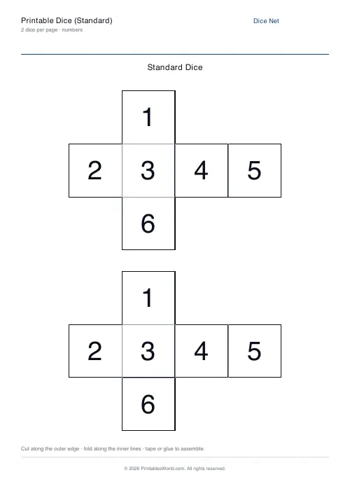 Free printable standard dice net — Numbers — PDF download