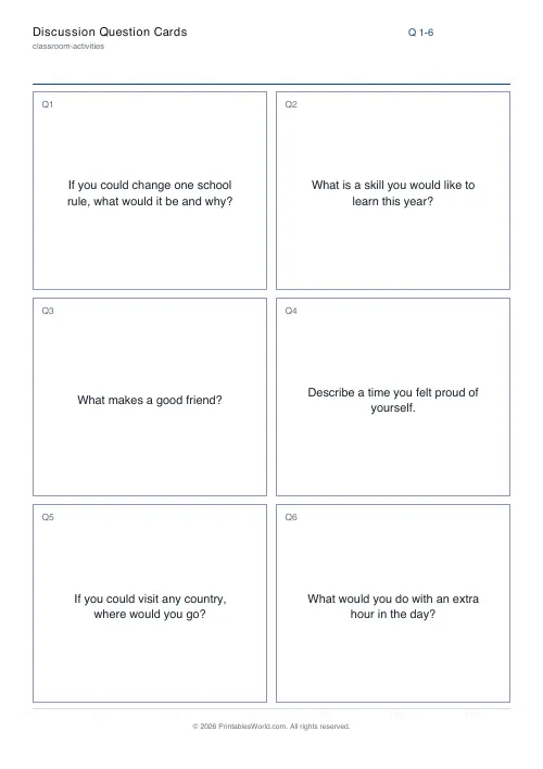 Free printable discussion question cards — General — PDF download