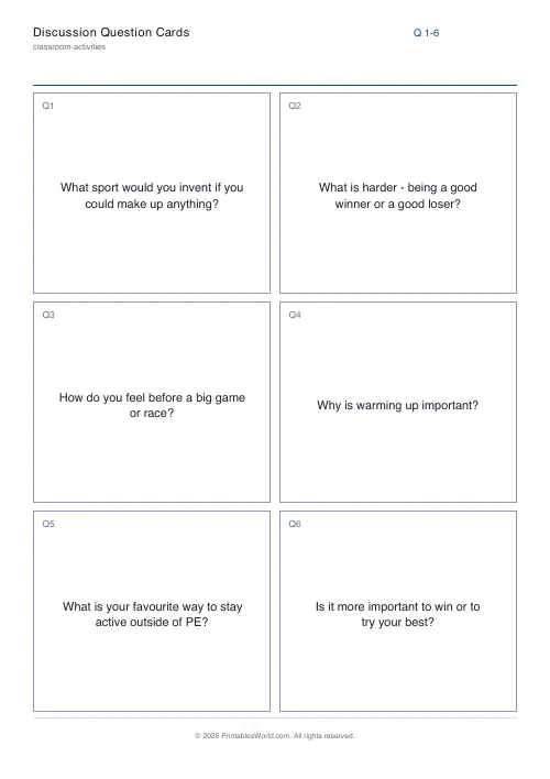 Free printable discussion question cards — PE — PDF download