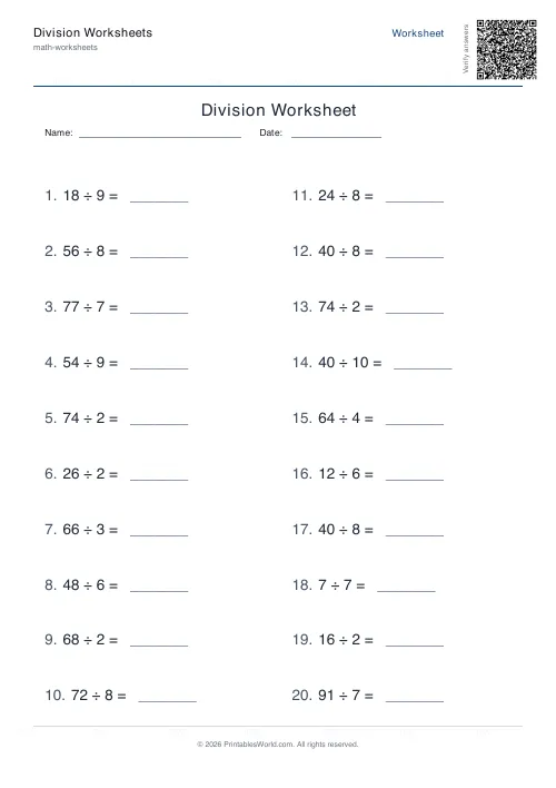 Free printable division worksheet — Up to 10, with answer key — PDF download
