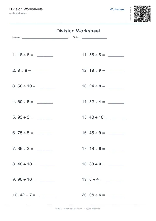 Free printable division worksheet — Up to 10 — PDF download