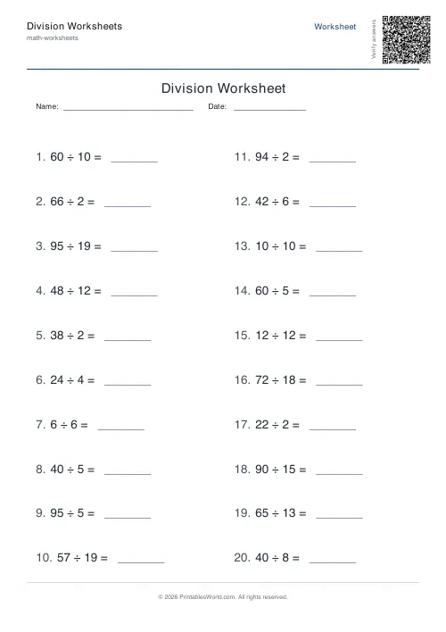 Free printable division worksheet — Up to 20 — PDF download
