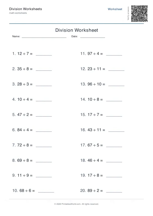 Free printable division worksheet — With remainders — PDF download