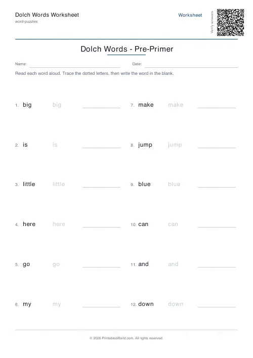 Free printable dolch sight-word practice — Pre-primer — PDF download