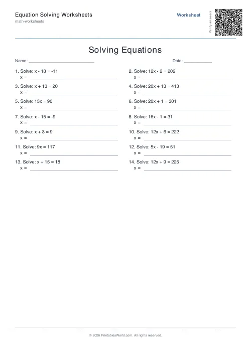 Free printable equation solving worksheet — Up to 20, with answer key — PDF download