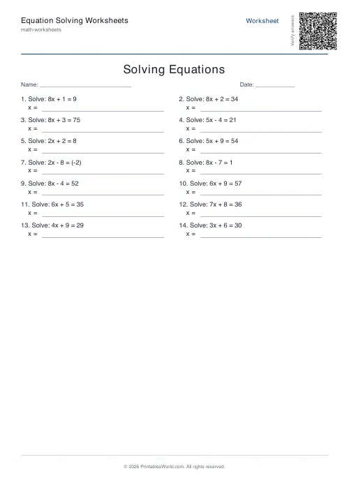 Free printable equation solving worksheet — Two-step — PDF download