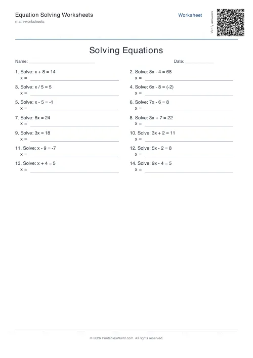 Free printable equation solving worksheet — Mixed — PDF download