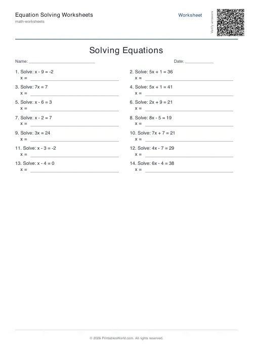 Free printable equation solving worksheet — Up to 9 — PDF download