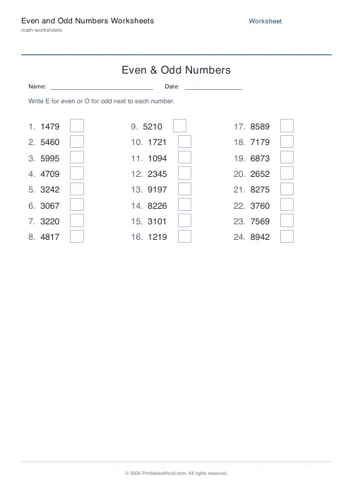 Free printable even and odd numbers worksheet — 4-digit, with answer key — PDF download