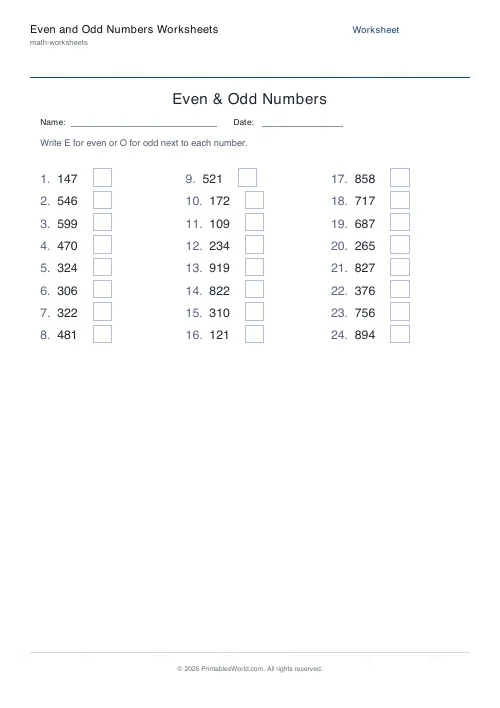 Free printable even and odd numbers worksheet — 3-digit — PDF download