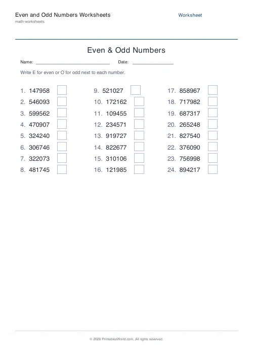 Free printable even and odd numbers worksheet — 6-digit — PDF download