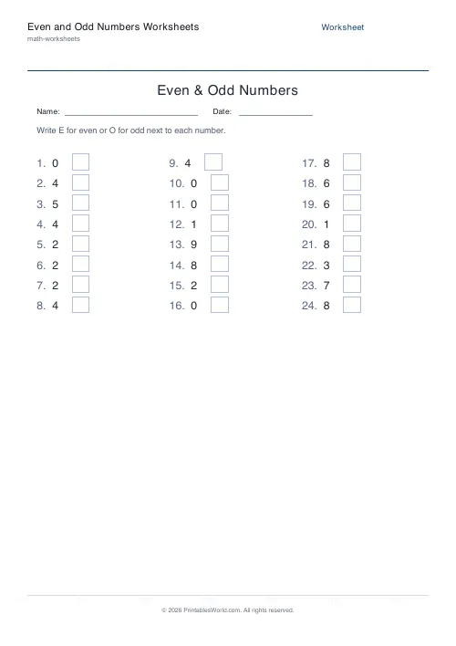 Free printable even and odd numbers worksheet — 1-digit, with answer key — PDF download