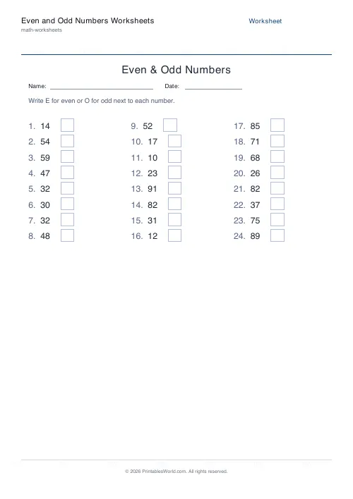 Free printable even and odd numbers worksheet — 2-digit, with answer key — PDF download