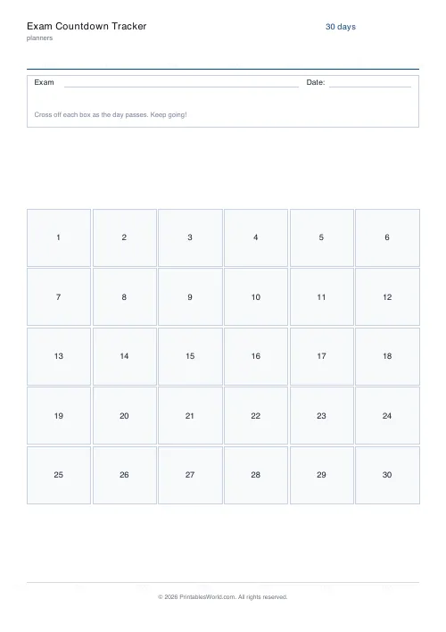 Free printable exam countdown — 30-day countdown — PDF download