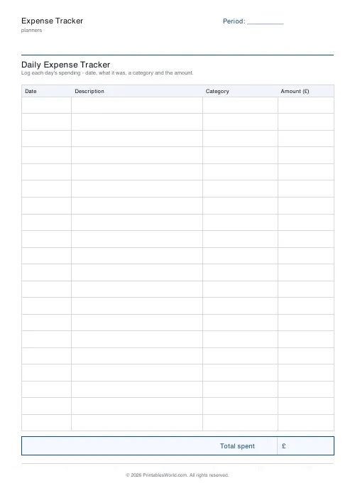Free printable expense tracker — Pounds (GBP) — PDF download