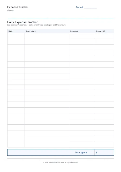 Free printable expense tracker — Dollars (USD) — PDF download