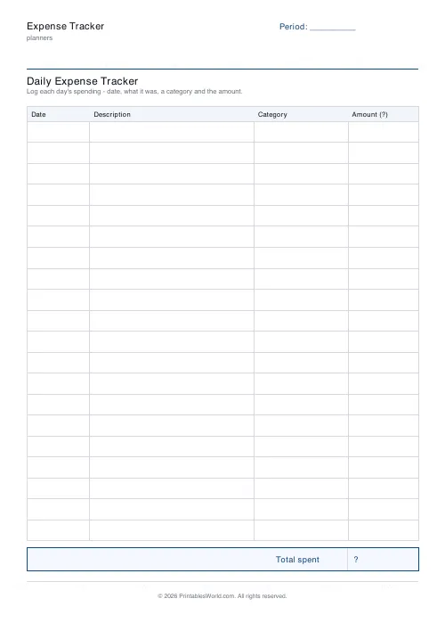 Free printable expense tracker — Euros (EUR) — PDF download