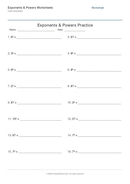 Free printable exponents & powers worksheets — PDF download