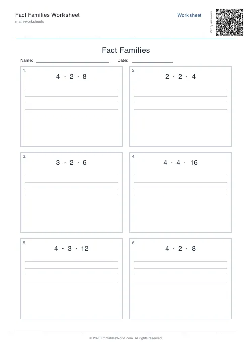 Free printable fact families worksheet — Multiplication & division — PDF download
