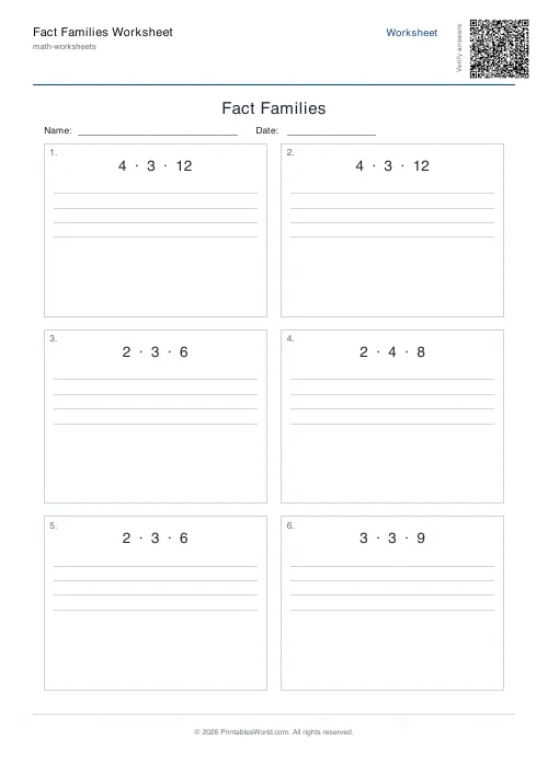 Free printable fact families worksheet — Multiplication & division, with answer key — PDF download