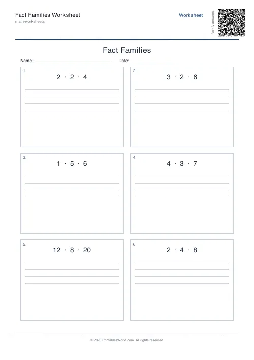 Free printable fact families worksheet — Mixed, with answer key — PDF download