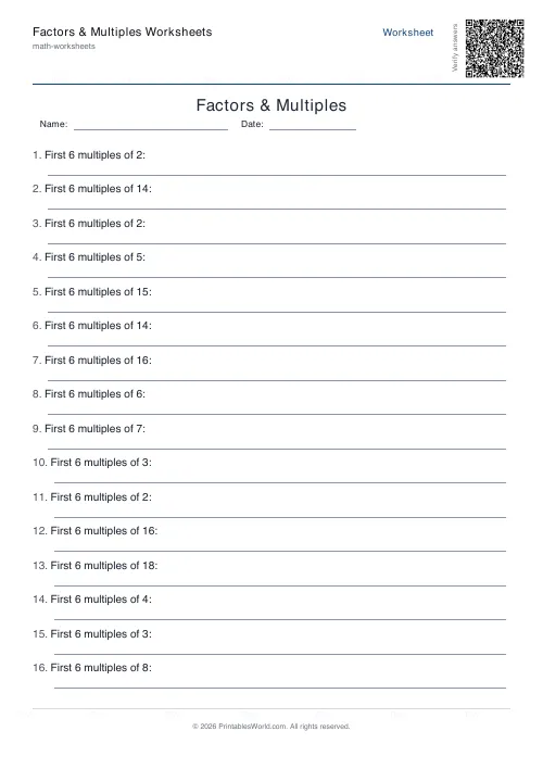 Free printable factors and multiples worksheet — List multiples, with answer key — PDF download