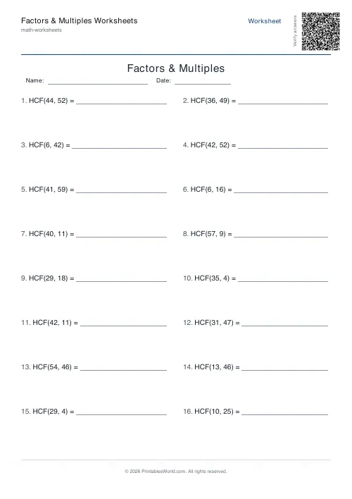 Free printable factors and multiples worksheet — Highest common factor, with answer key — PDF download