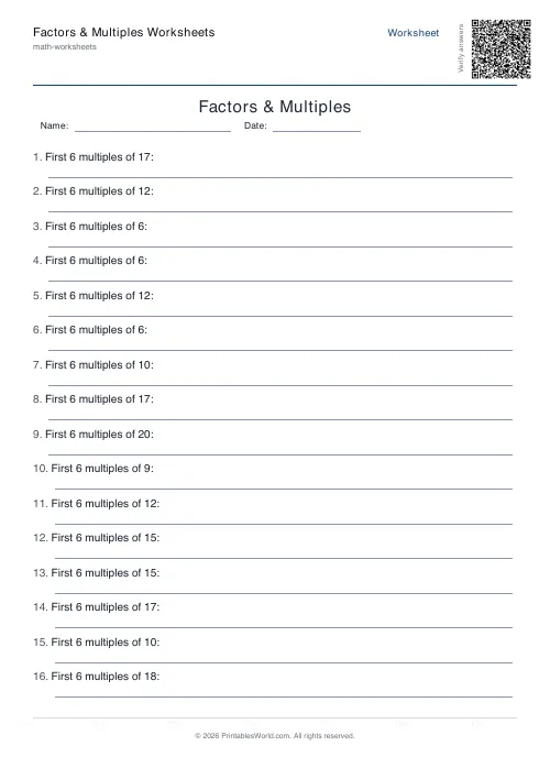 Free printable factors and multiples worksheet — List multiples — PDF download