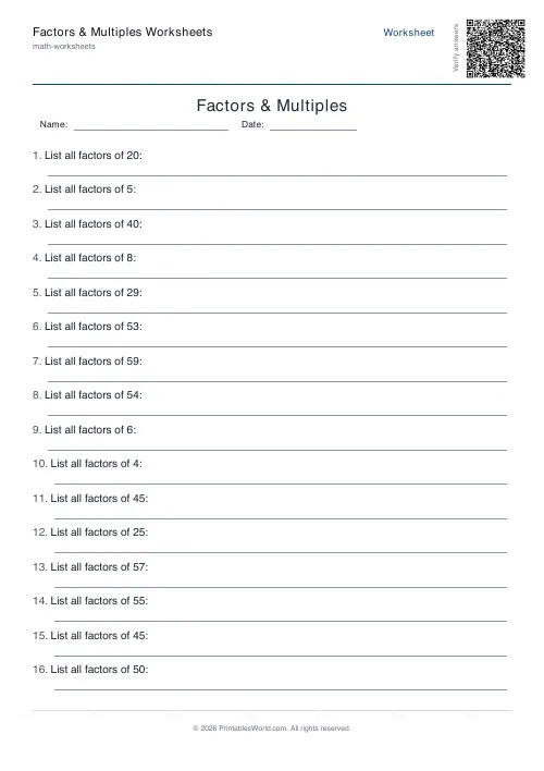 Free printable factors and multiples worksheet — Up to 60 — PDF download