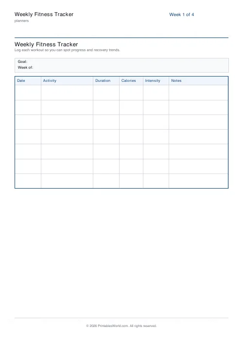 Free printable fitness tracker — 4 weeks — PDF download