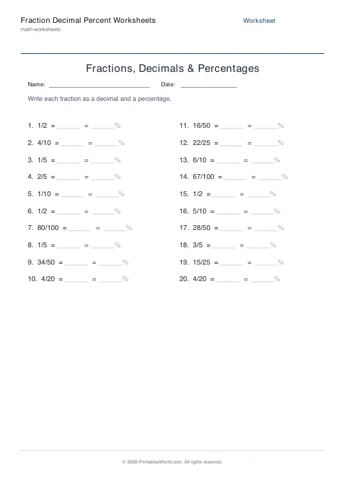 Free printable fraction, decimal and percent conversion worksheet — with answer key — PDF download