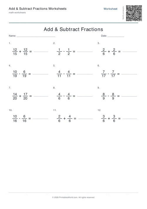 Free printable add and subtract fractions worksheet — 20 — PDF download
