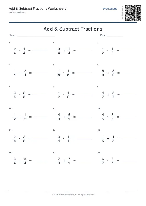 Free printable add and subtract fractions worksheet — 30 — PDF download