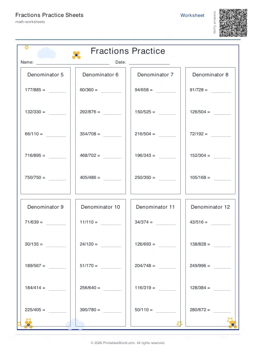 Free printable fractions practice sheet — to 12 — PDF download