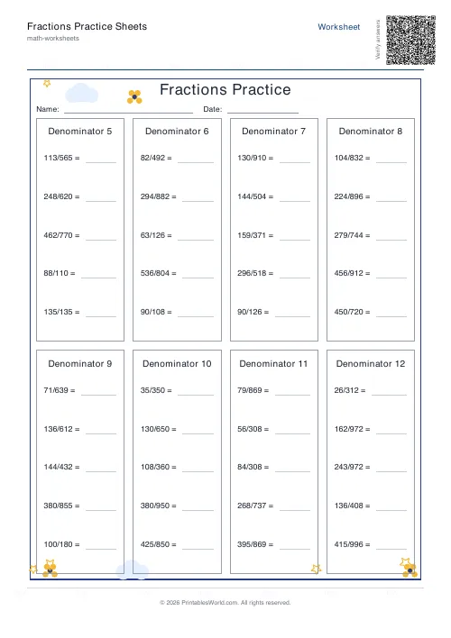 Free printable fractions practice sheet — Include — PDF download