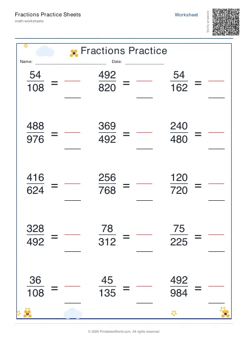 Free printable fractions practice sheet — Line-by-line, with answer key — PDF download