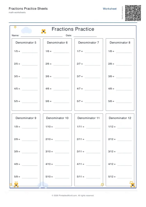 Free printable fractions practice sheet — 1 digit — PDF download
