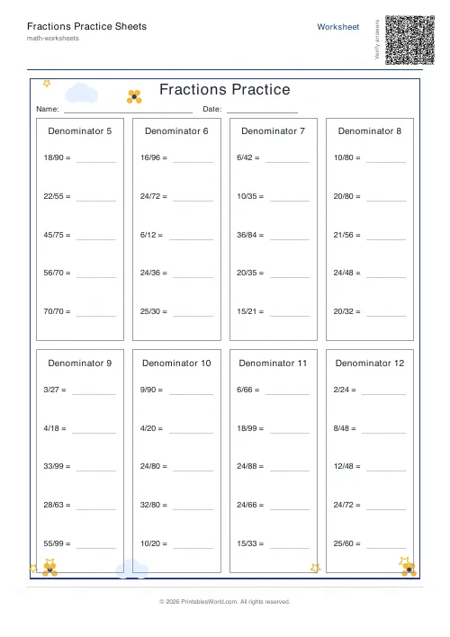 Free printable fractions practice sheet — 2 digit — PDF download
