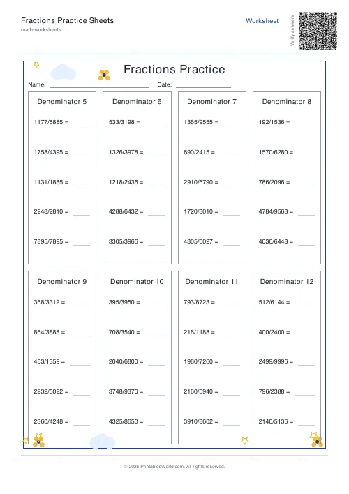 Free printable fractions practice sheet — 4 digit — PDF download