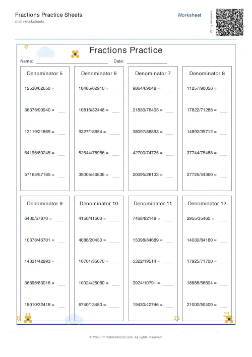 Free printable fractions practice sheet — 5 digit — PDF download