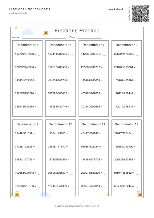 Free printable fractions practice sheet — 6 digit — PDF download