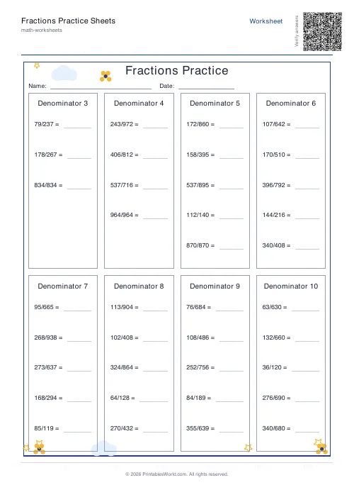 Free printable fractions practice sheet — to 10 — PDF download