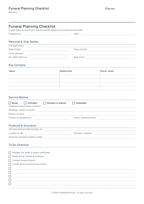 Free printable funeral planning checklist — PDF download