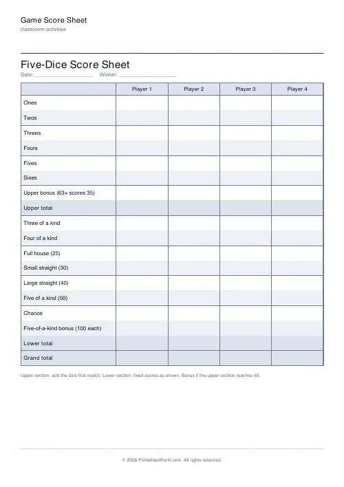 Free printable game score sheet (Five-dice game), PDF download