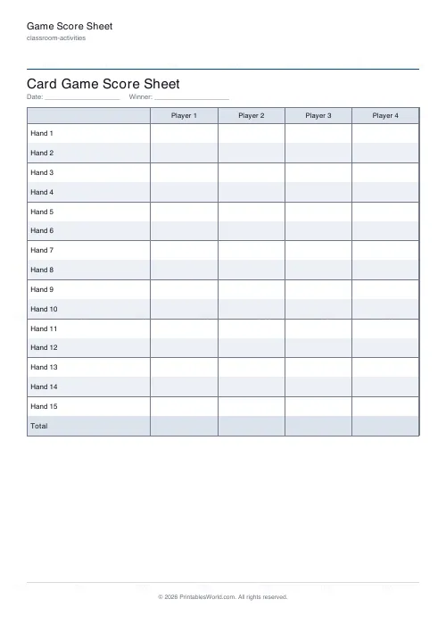 Free printable game score sheet (Card game), PDF download