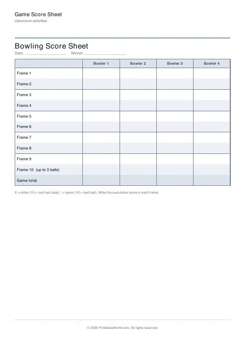 Free printable game score sheet (Bowling), PDF download