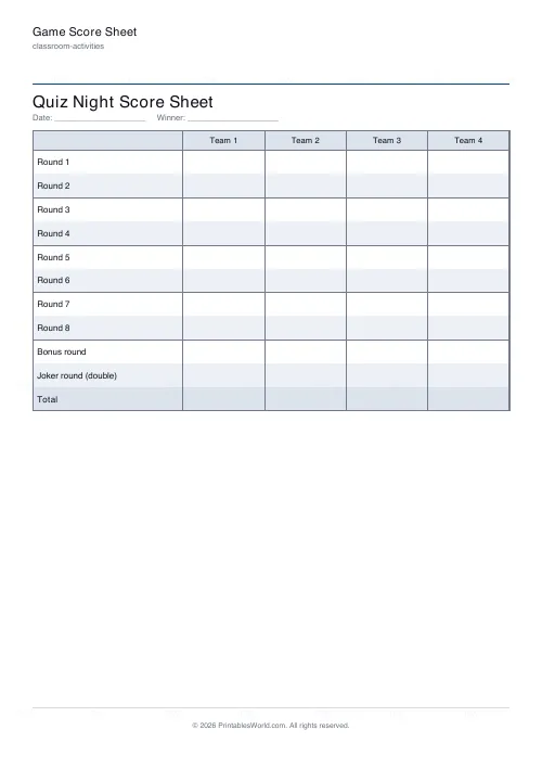 Free printable game score sheet (Quiz night), PDF download