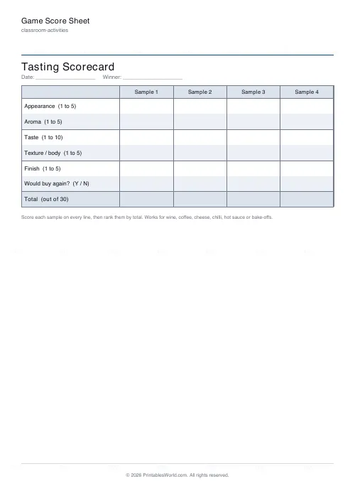 Free printable game score sheet (Tasting scorecard), PDF download